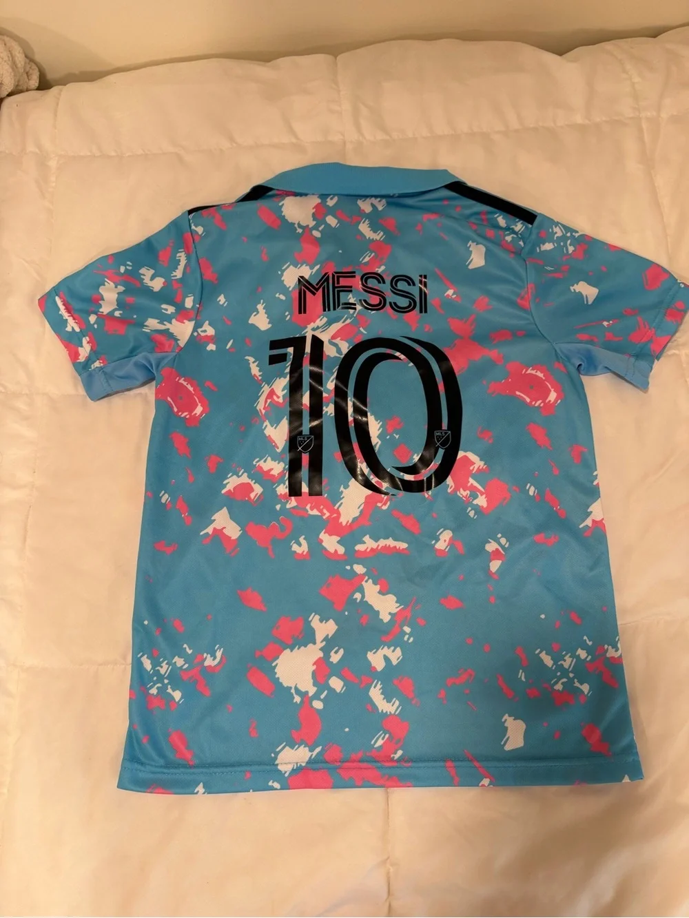 Kids' Aqua Polo with Pink & White Splash Print, team copy Messi size Large